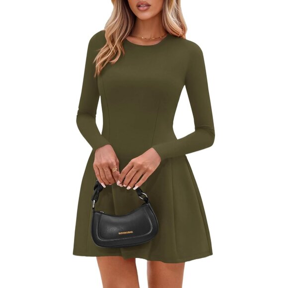 Long Sleeve Army Green Mini Dress Women Fall 2025 Crewneck Line Babydoll Casual - Picture 2 of 8